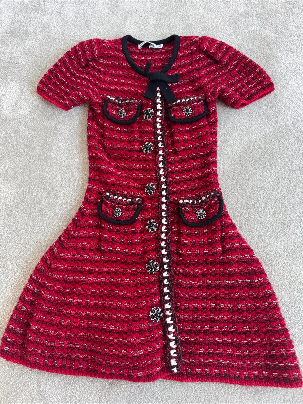Self-Portrait Red Tweed Pocket Dress with Black Trim and Bow, size 3T